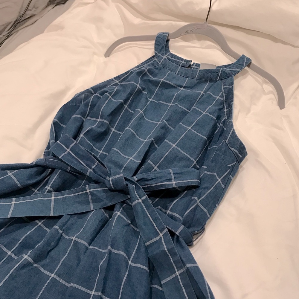 A-line windowpane belted dress